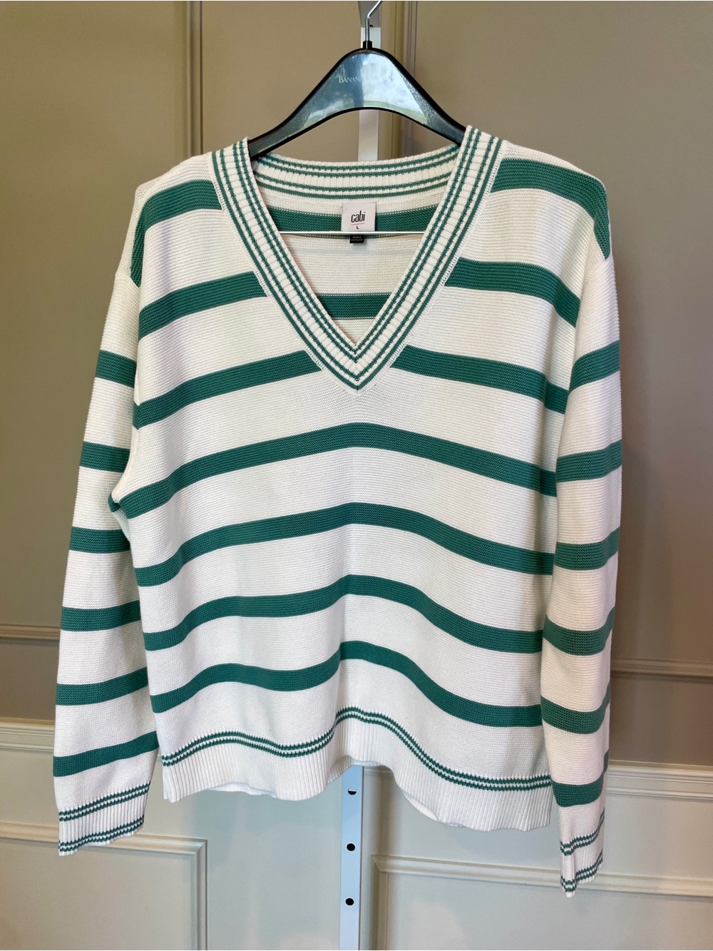 CAbi Arena #6656 Large Never Worn V Neck Striped Pullover Sweater green white